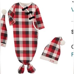 Mud Pie buffalo check knotted gown and hat Baby’s First Christmas 0-3 Months New